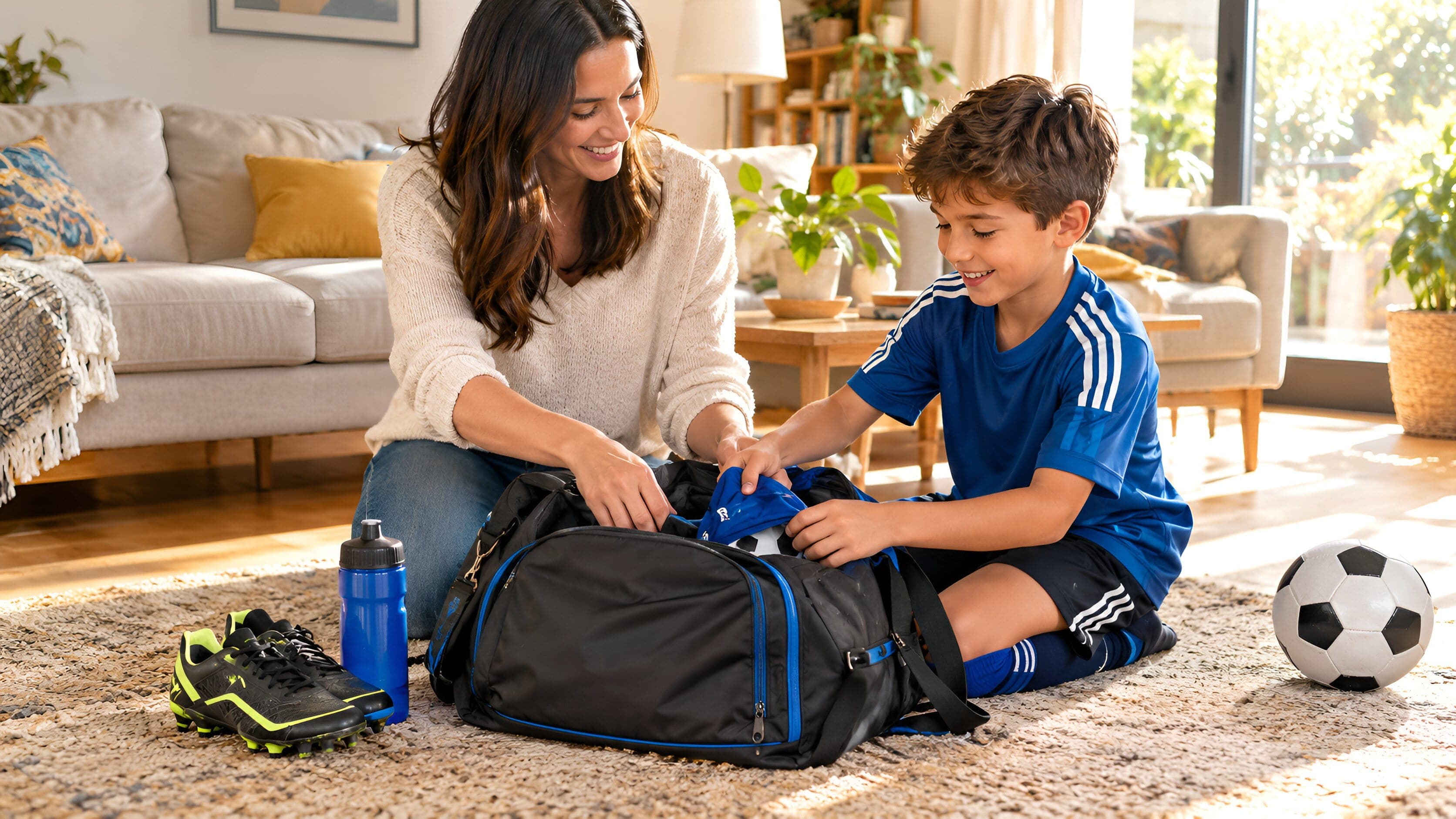 Une mère et son fils préparant un sac de sport ensemble dans le salon, souriants et complices