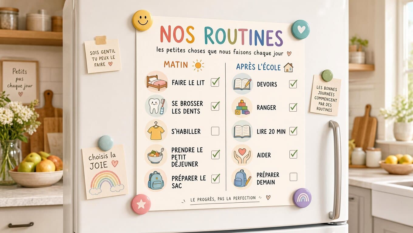 Tableau visuel de routine ménagère accroché sur le réfrigérateur d'une cuisine familiale